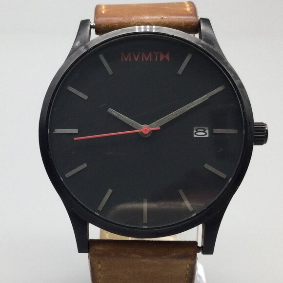 MVMT Classic Watch Men 45mm Black Date Brown Leather Band New Battery - Picture 1 of 16